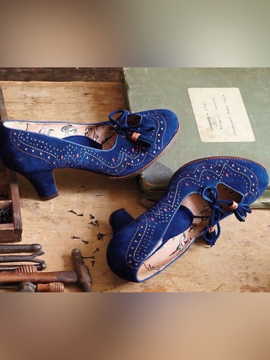 Miss L-FIRE Shoes - Miss L-FIRE Navy Suede Perforated Tassel Mary Jane Block Heels Size 38